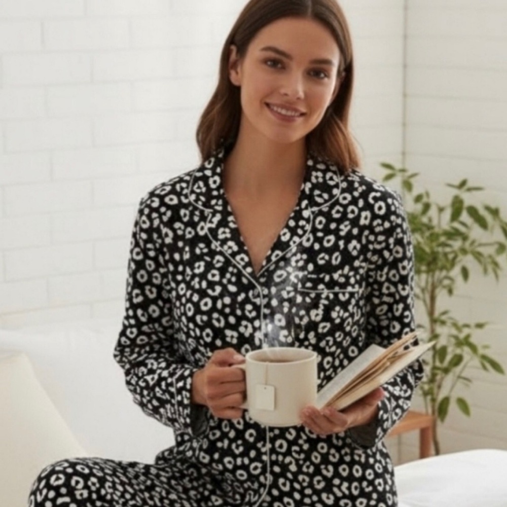 kate spade Black & White Leopard-Print Pajama Set with Contrast Piping